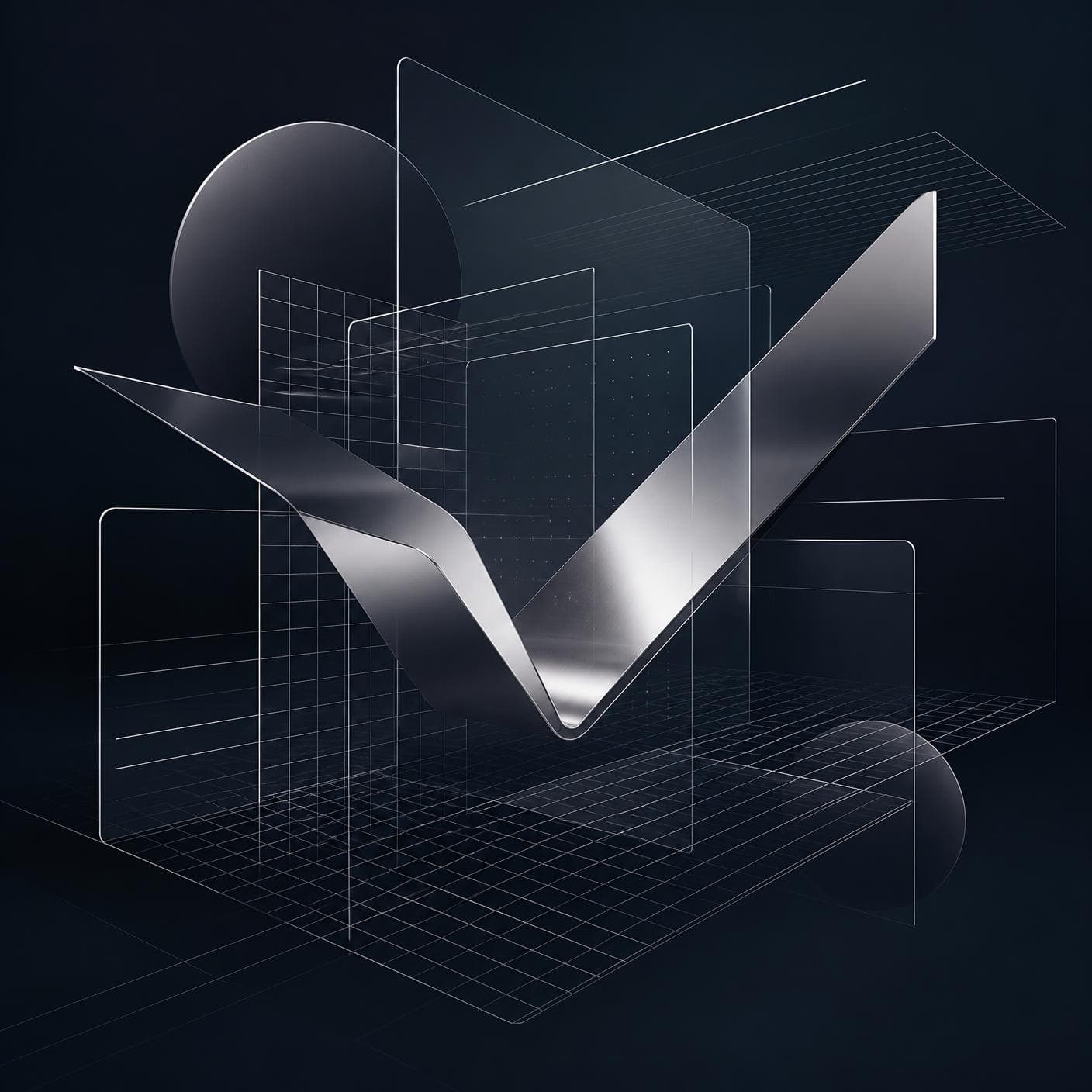Abstract composition of layered interface planes and a chrome Vixer mark